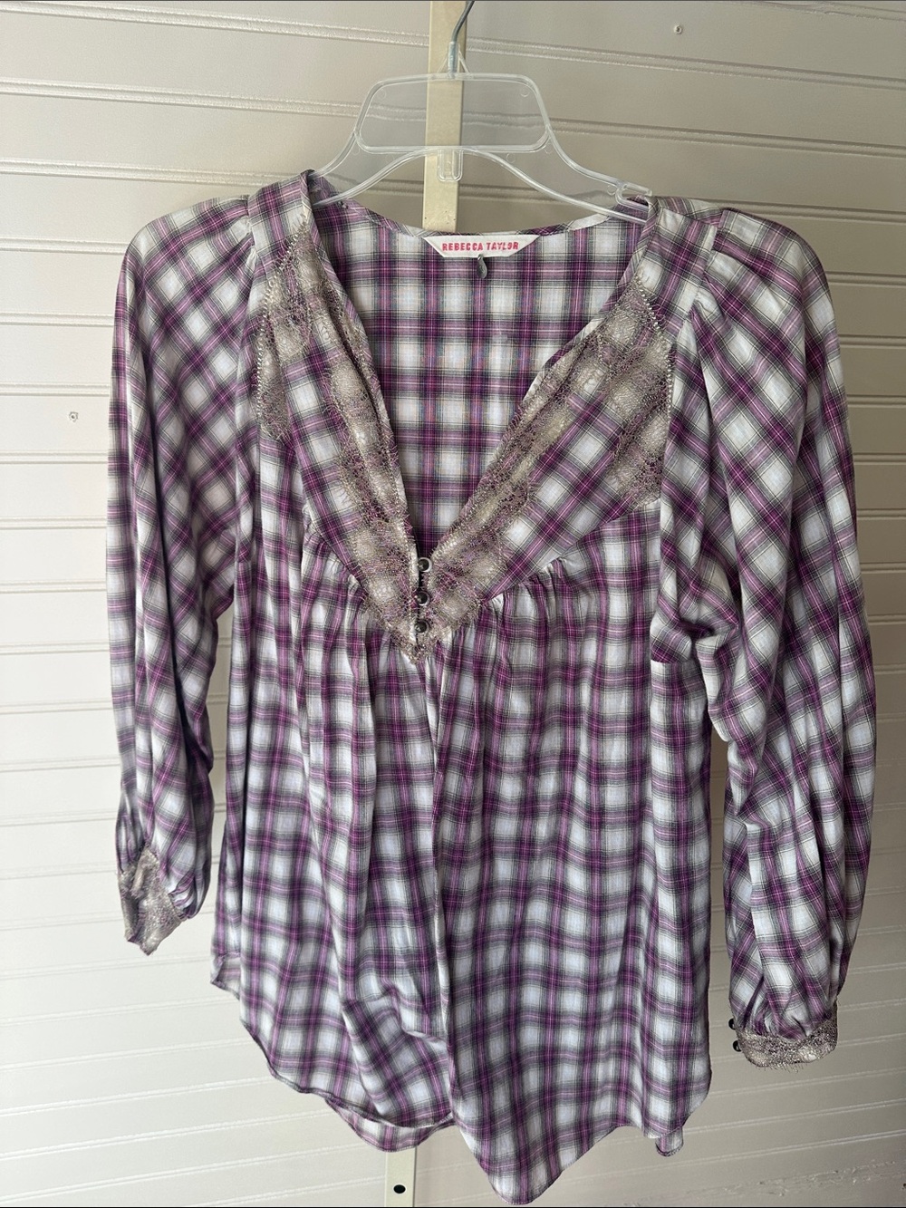 Rebecca Taylor Lavender Plaid Lace-Trim Tunic Top XS/ Size 2